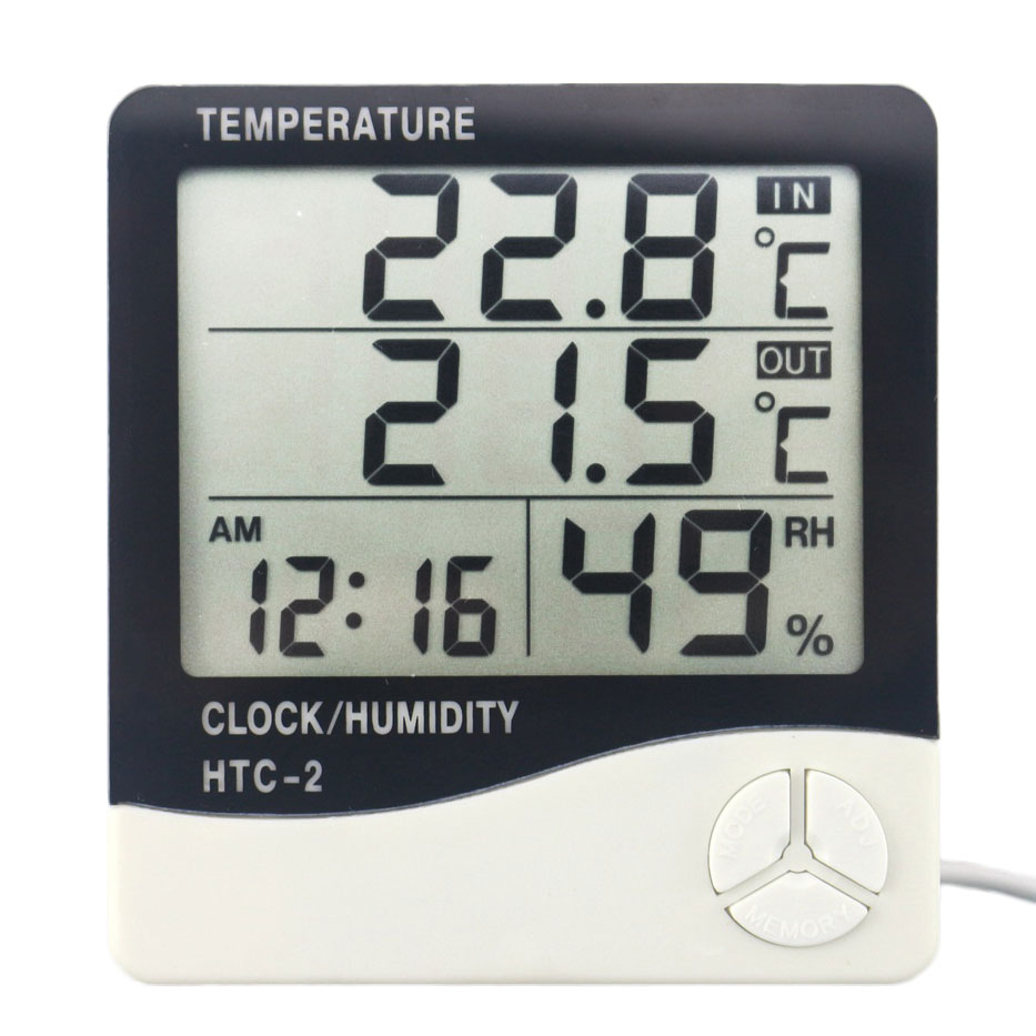 Medidor electrónico de humedad y temperatura para interiores y exteriores  con reloj despertador HTC-2 